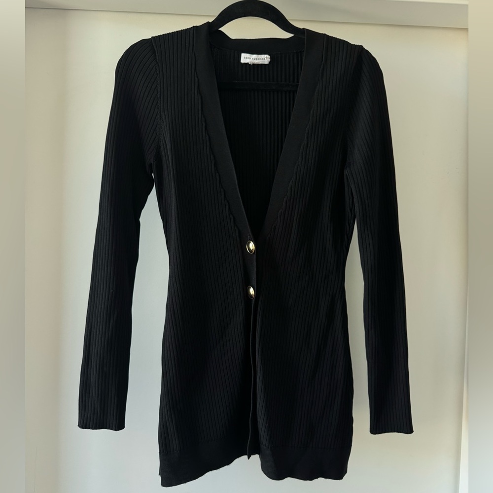 Good American Black Ribbed Knit Gold Double Button Long Sleeve Cardigan Medium